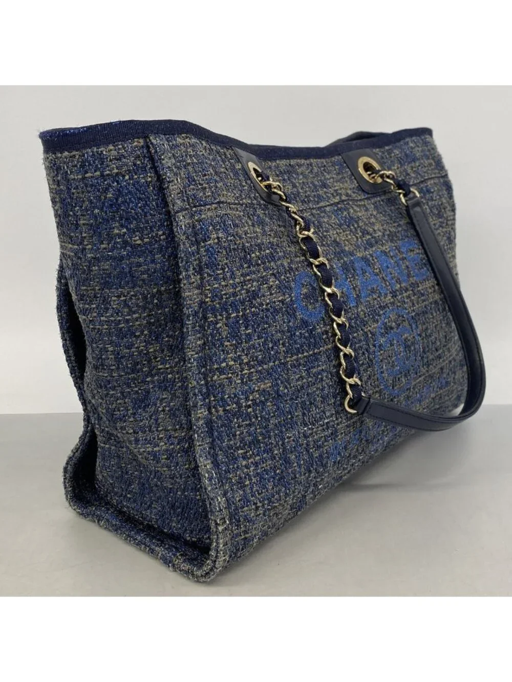 Chanel Tote Bag Deauville Tweed Blue Gold